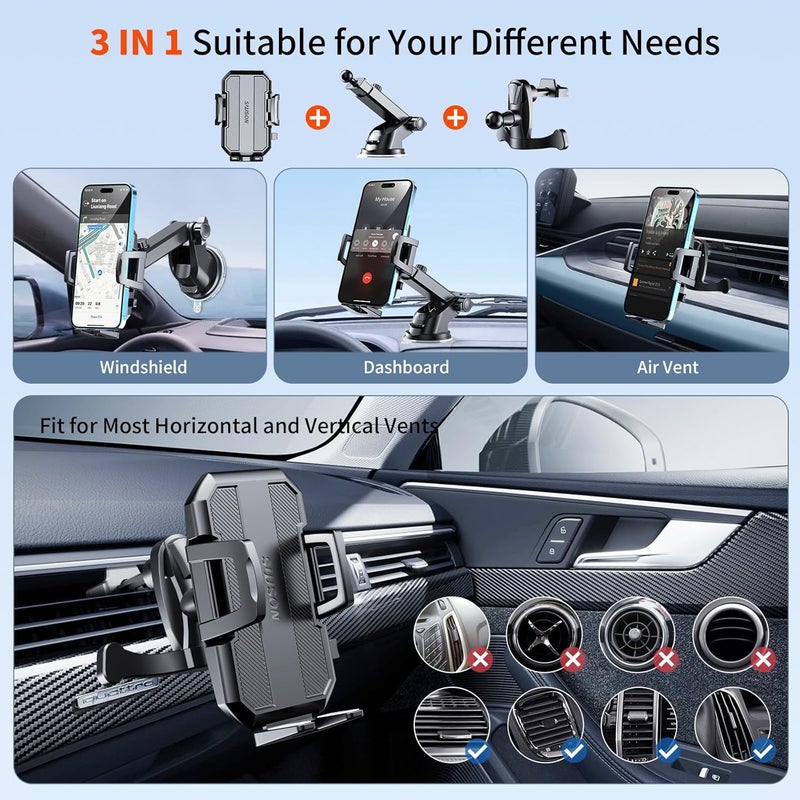 SUUSON Upgraded 3-in-1 Car Phone Holder Mount [Powerful Suction] Phone Mount for Car Dashboard Air Vent Windshield,for All iPhone Android Phone (Black) - Image 2
